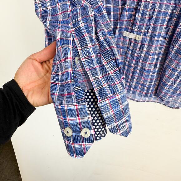 Bugatchi Shaped Fit Blue Red Check Dress Shirt Performance - 2XL XXL - Picture 4 of 10